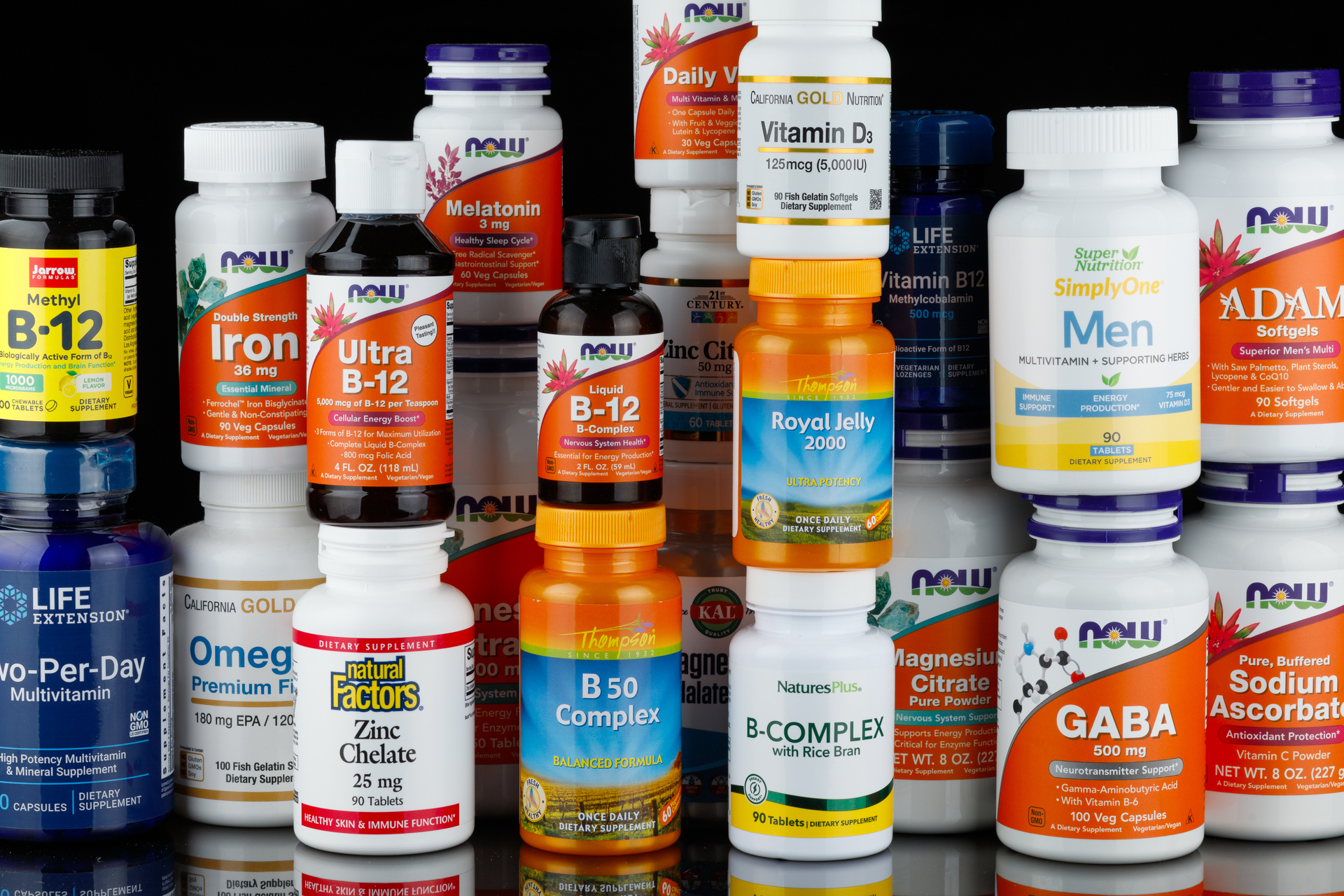 Dietary supplements, vitamins and minerals in jars