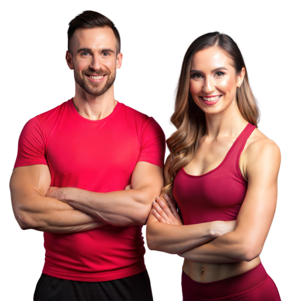 a fitness couple, man and woman, both smiling and ready for you to contact us at BuiltHealthy.com